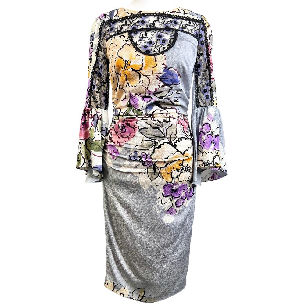 Tracy Reese Womens Size 0 Floral Lace 3/4 Sleeve Ruched Sheath Dress Grey Violet - Picture 5 of 16